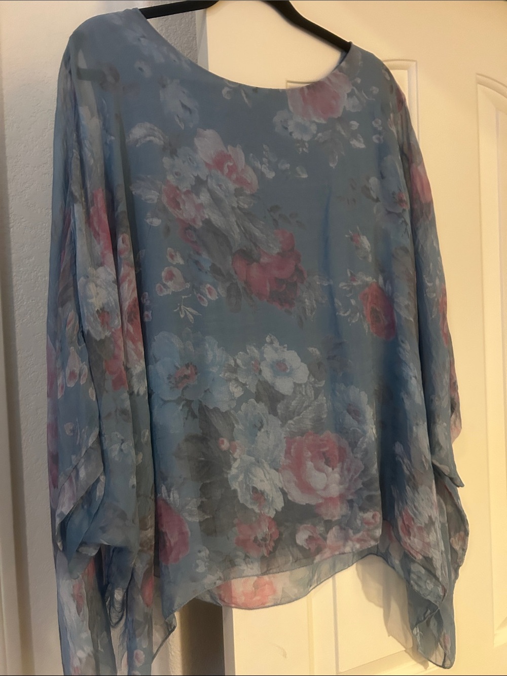 Sheer Dusty Blue Floral Chiffon Women's Blouse